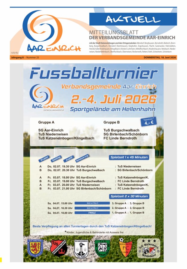 Mitteilungsblatt der Verbandsgemeinde Aar-Einrich Ausgabe Hahnstätten Titelblatt 25/2026