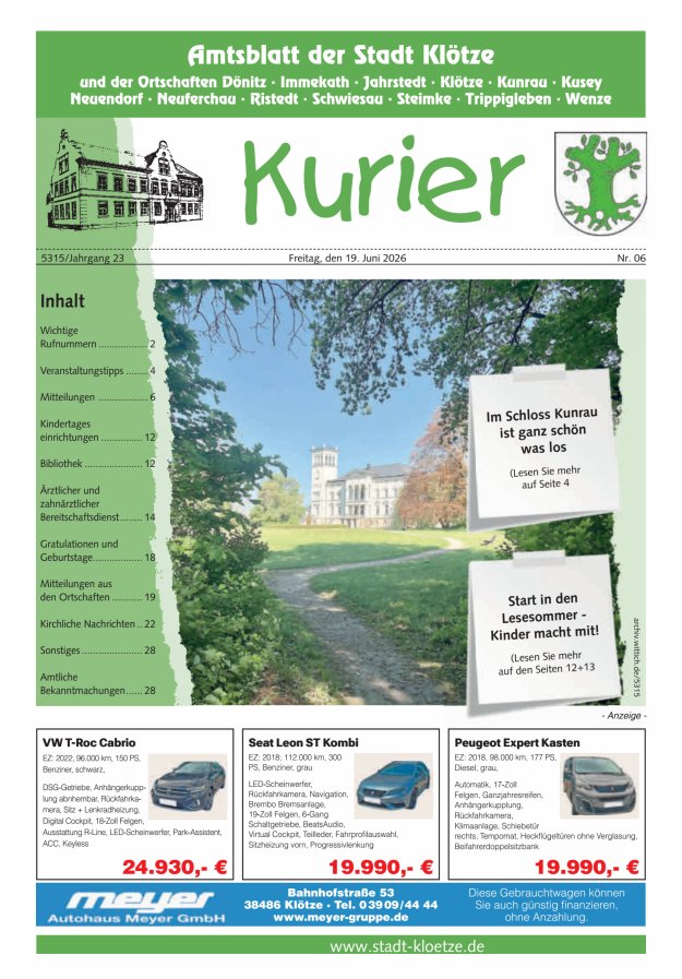 Stadt Klötze Kurier Titelblatt 06/2026