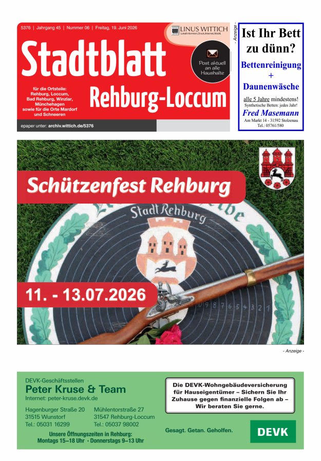 Stadtblatt Rehburg-Loccum Titelblatt 06/2026