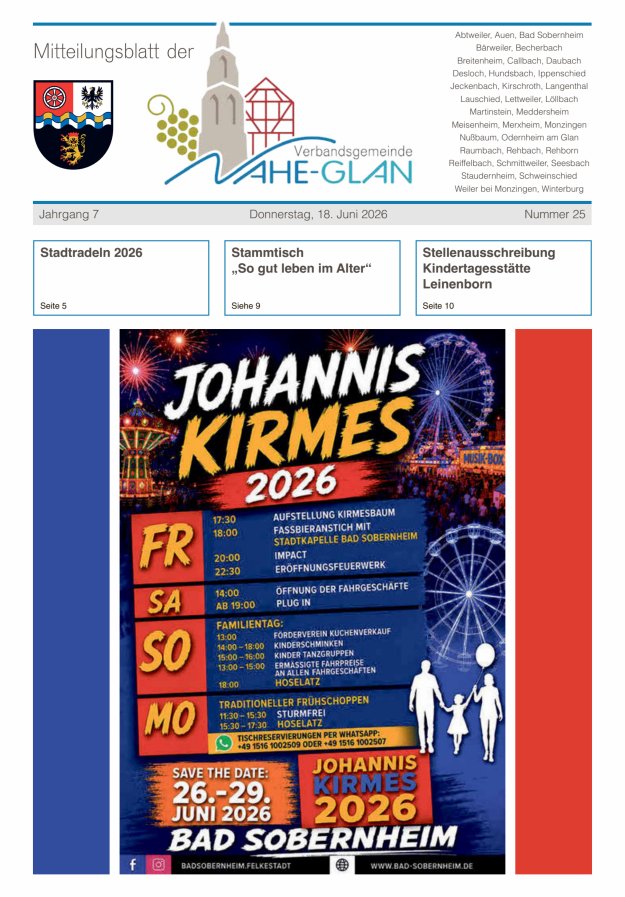 Mitteilungsblatt für die Verbandsgemeinde Nahe-Glan Titelblatt 25/2026
