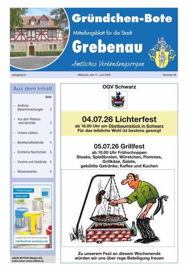 Grebenau - Gründchen Bote - Mitteilungsblatt für die Stadt Grebenau Titelblatt 25/2026
