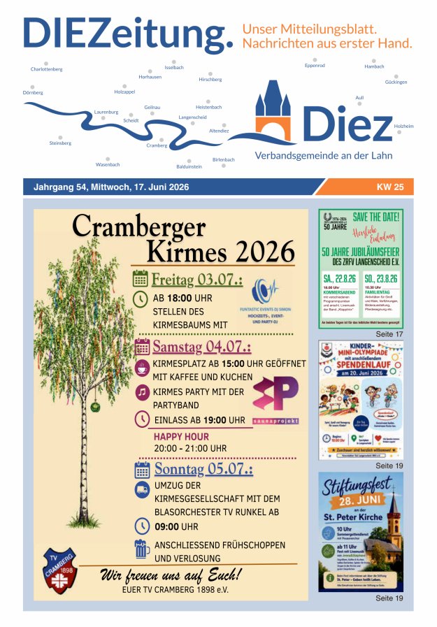 DIEZeitung - Mitteilungsblatt der Verbandsgemeinde Diez  Titelblatt 25/2026