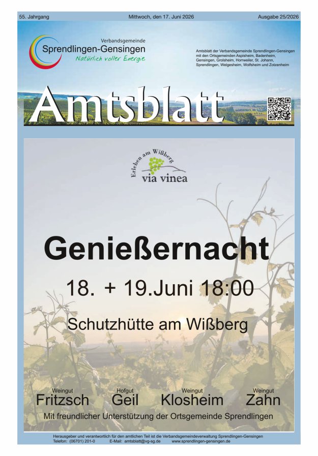 Amtsblatt VG Sprendlingen-Gensingen Titelblatt 25/2026