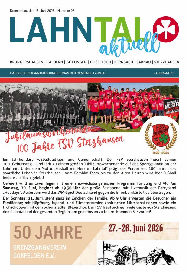 Amtliches Bekanntmachungsorgan der Gemeinde Lahntal Titelblatt 25/2026