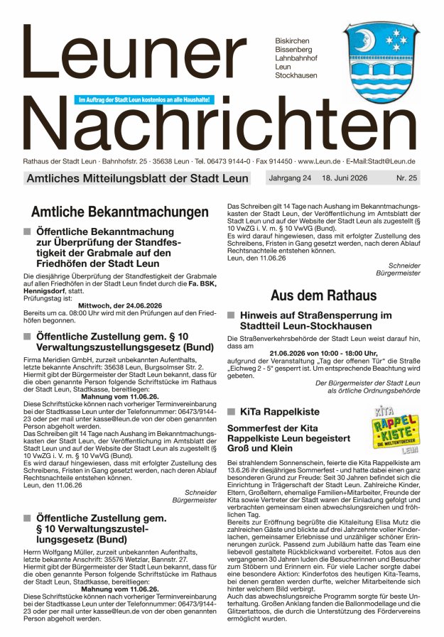Leuner Nachrichten Titelblatt 25/2026