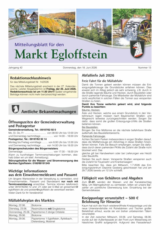 Mitteilungsblatt für den Markt Egloffstein Titelblatt 13/2026