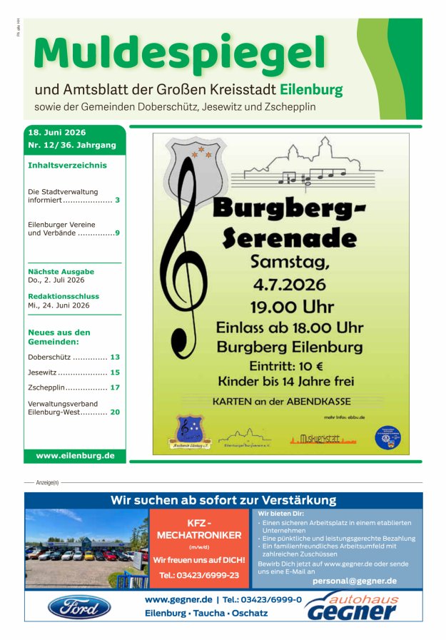 Muldespiegel und Amtsblatt der Großen Kreisstadt Eilenburg und der Gemeinden Titelblatt 12/2026