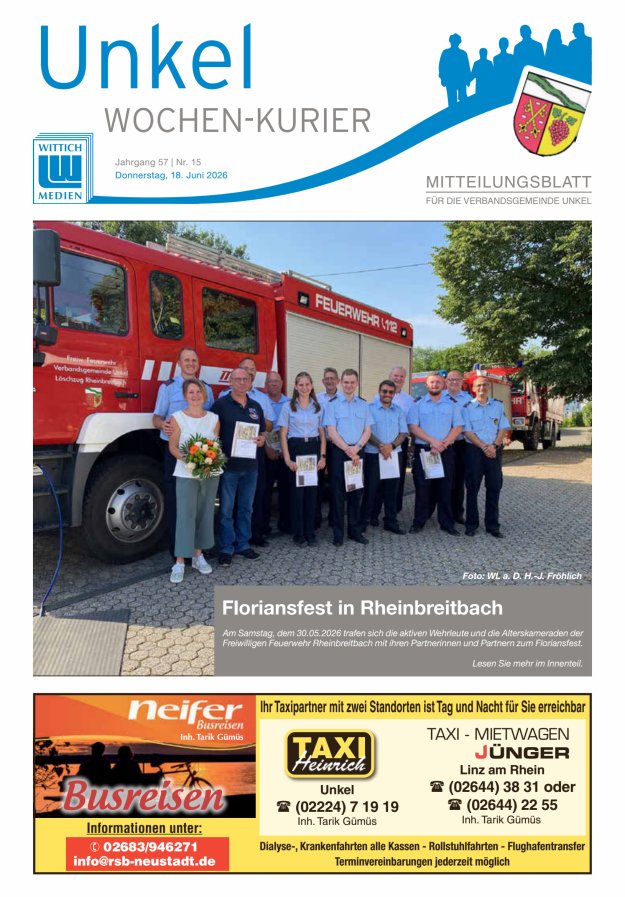 Wochen-Kurier Verbandsgemeinde Unkel Titelblatt 15/2026