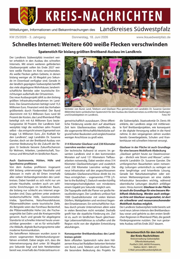 Kreis-Nachrichten - Mitteilungen des Landkreises Südwestpfalz Titelblatt 13/2026