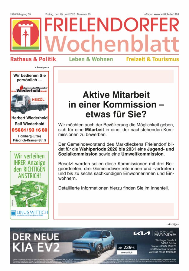 Frielendorfer Wochenblatt Titelblatt 25/2026