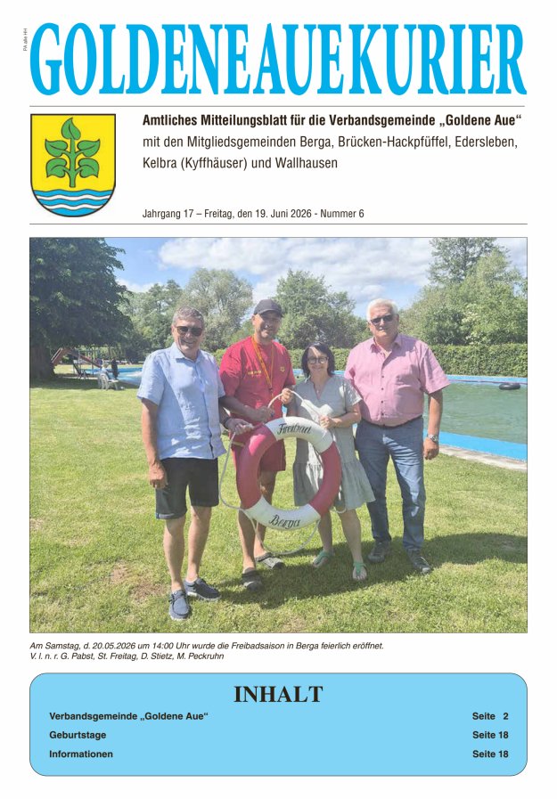 Goldene Aue Kurier – Amtliches Mitteilungsblatt für die Verbandsgemeinde "Goldene Aue" Titelblatt 06/2026