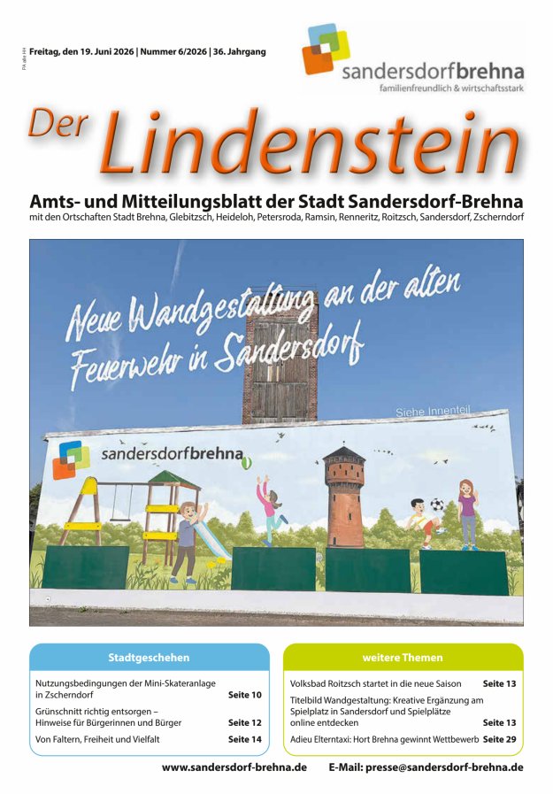 Der Lindenstein Amts- und Mitteilungsblatt der Stadt Sandersdorf-Brehna Titelblatt 06/2026