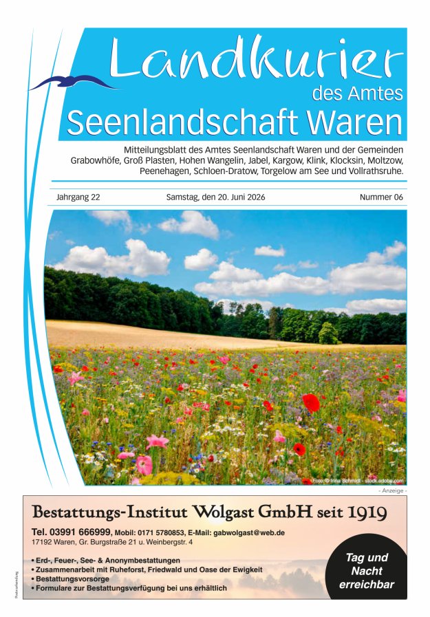 Landkurier des Amtes Seenlandschaft Waren Titelblatt 06/2026