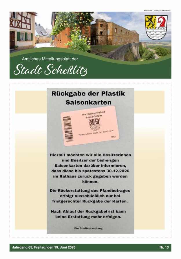 Scheßlitzer Anzeiger - Amtliches Mitteilungsblatt der Stadt Scheßlitz Titelblatt 13/2026