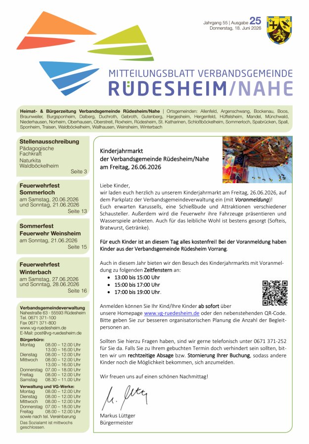 Mitteilungsblatt Verbandsgemeinde Rüdesheim und zugehörige Ortsgemeinden Titelblatt 25/2026