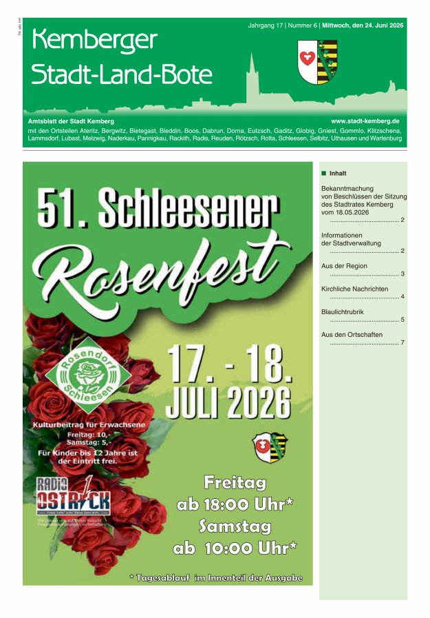 Kemberger Stadt-Land-Bote Amtsblatt der Stadt Kemberg Titelblatt 06/2026