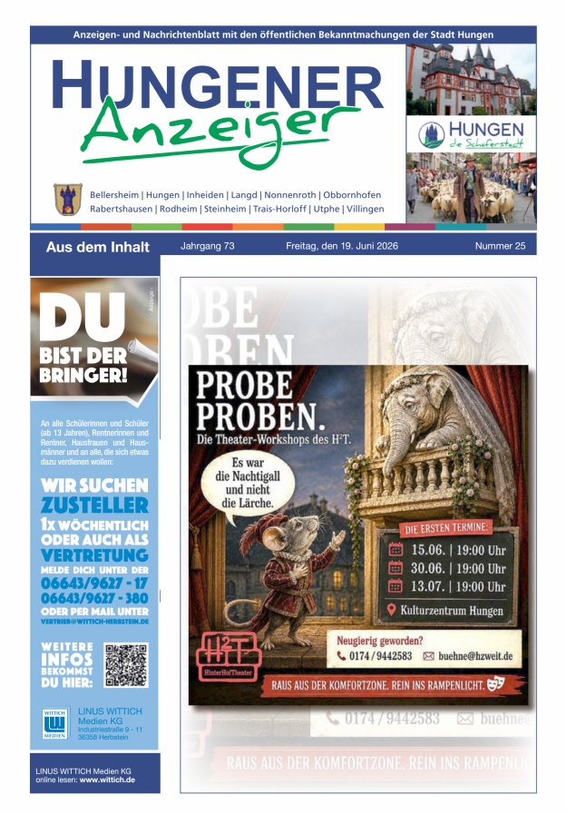 Anzeigen- und Nachrichtenblatt mit den öff  Bekanntmachungen der Stadt Hungen Titelblatt 25/2026