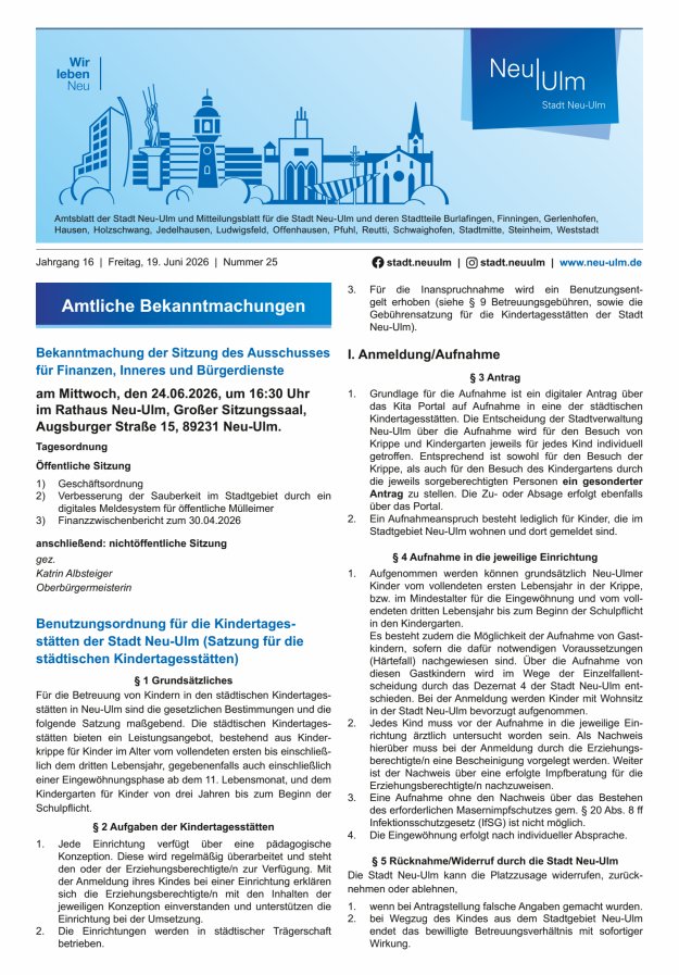 Amtsblatt der Stadt Neu-Ulm und Mitteilungsblatt für die Stadt Neu-Ulm Titelblatt 25/2026