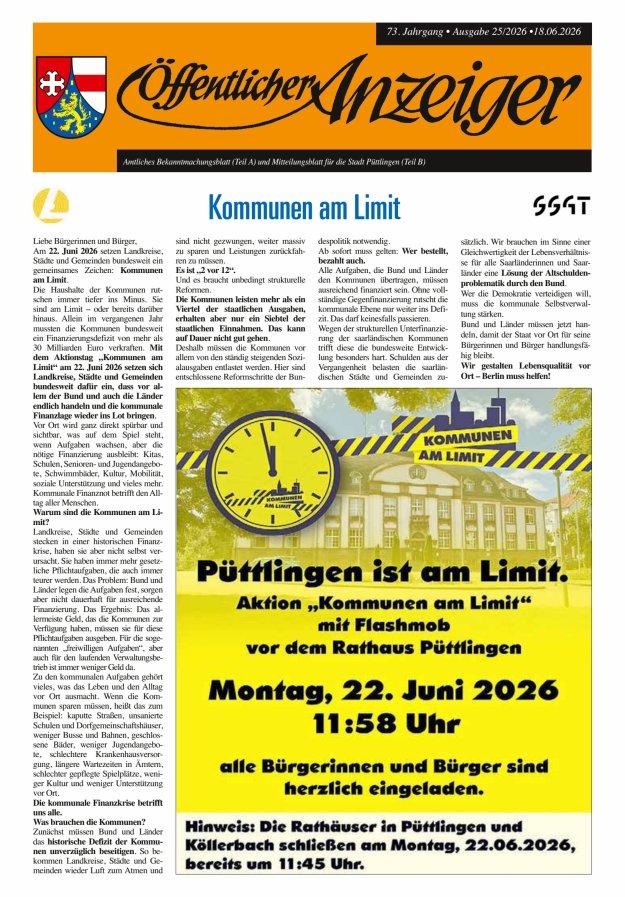 Öffentlicher Anzeiger - Stadt Püttlingen Titelblatt 25/2026