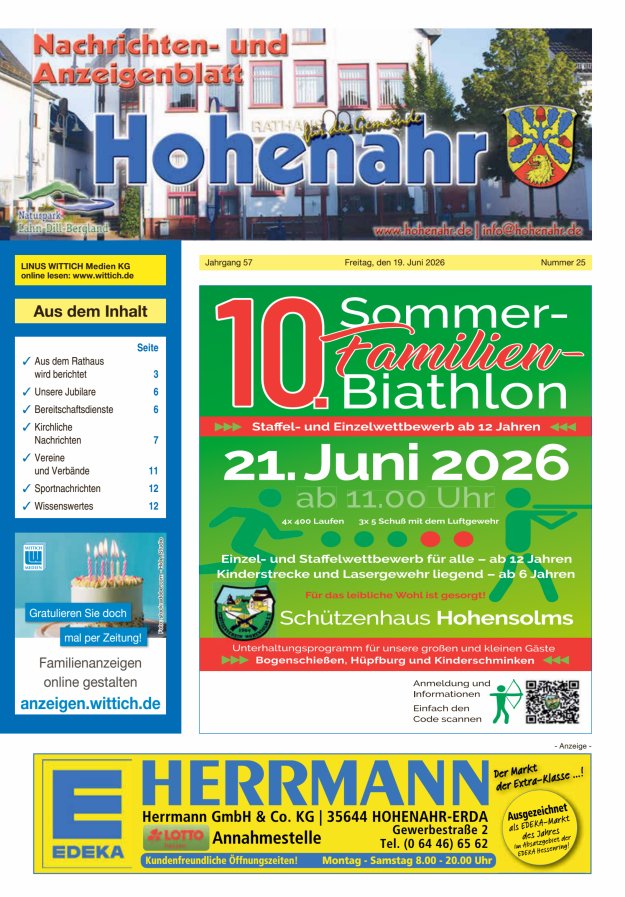 Nachrichten- und Anzeigenblatt für die Gemeinde Hohenahr Titelblatt 25/2026