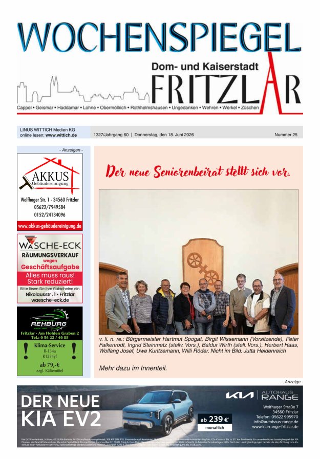 Wochenspiegel Dom- und Kaiserstadt Fritzlar Titelblatt 25/2026