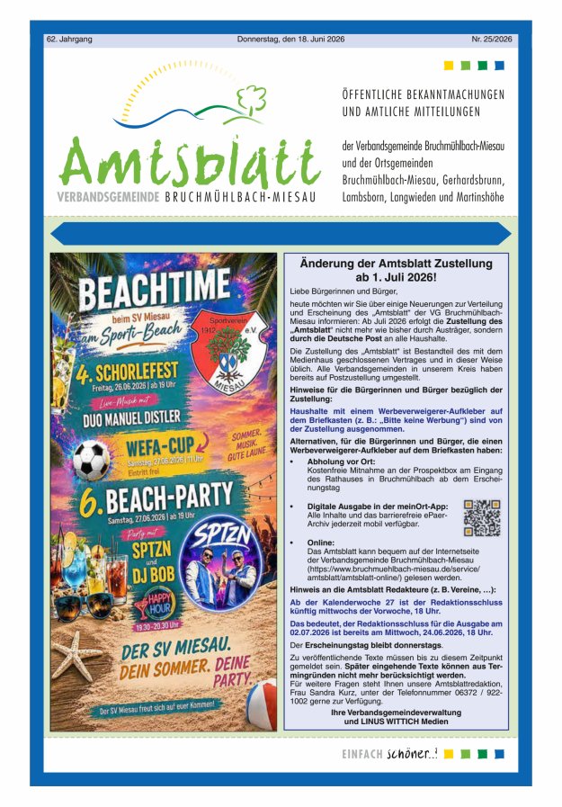 Amtsblatt der VG Bruchmühlbach-Miesau Titelblatt 25/2026