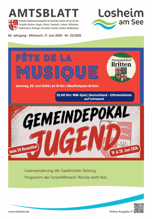 Amtliches Bekanntmachungsblatt der Gemeinde Losheim am See Titelblatt 25/2026