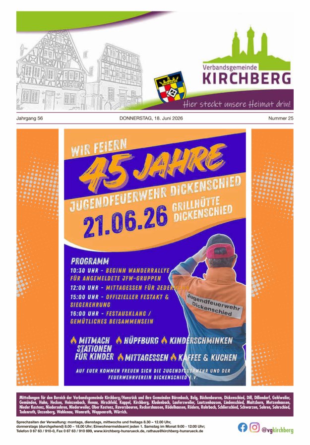 Mitteilungen der Verbandsgemeinde Kirchberg Hunsrück Titelblatt 25/2026