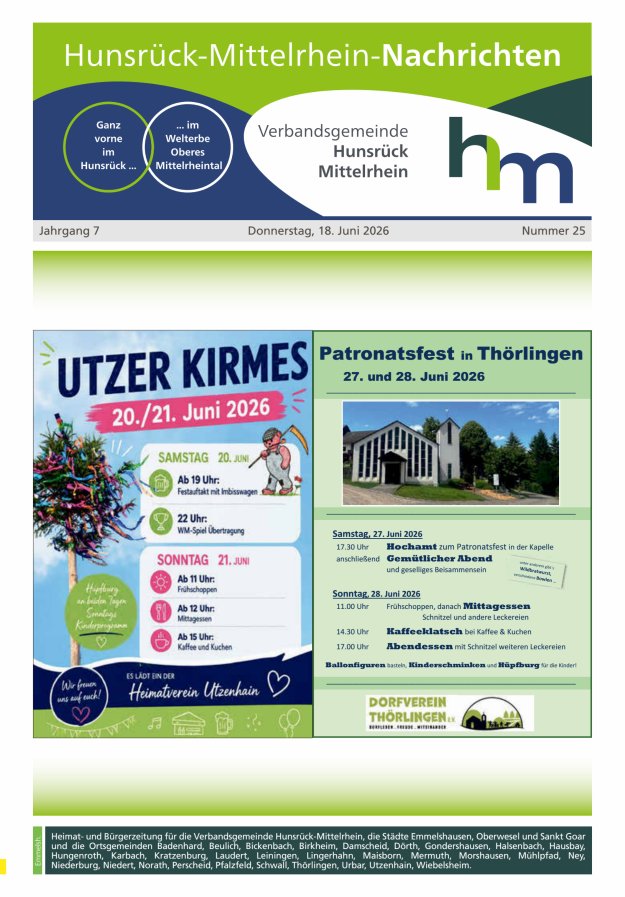 Hunsrück-Mittelrhein Nachrichten Ausgabe Emmelshausen Titelblatt 25/2026