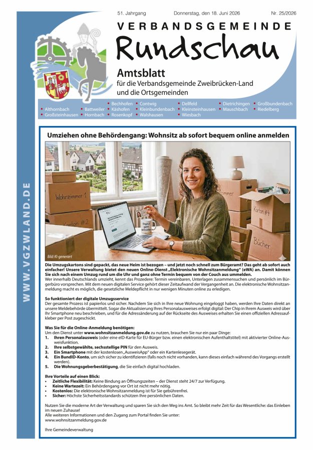 Verbandsgemeinde Rundschau Zweibrücken-Land Titelblatt 25/2026