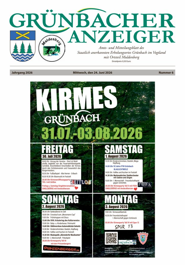 Grünbacher Anzeiger - Amts- und Mitteilungsblatt Titelblatt 06/2026