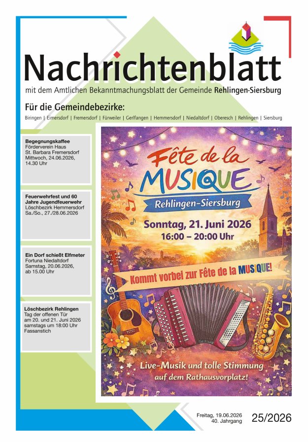 Nachrichtenblatt Rehlingen-Siersburg Titelblatt 25/2026
