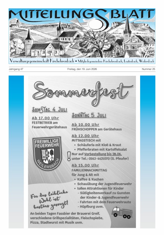 Mitteilungsblatt Verwaltungsgemeinschaft Kirchehrenbach Titelblatt 25/2026