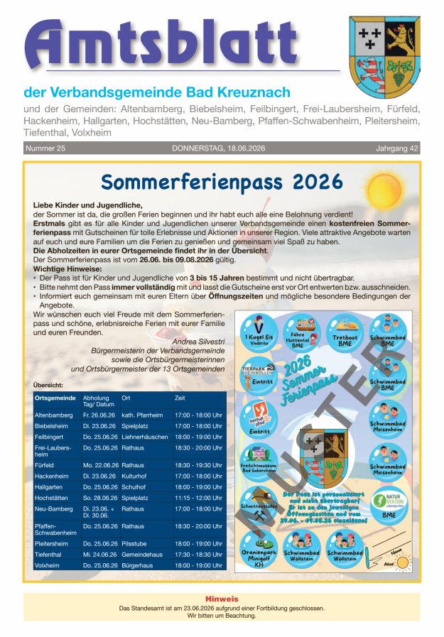 Amtsblatt der Verbandsgemeinde Bad Kreuznach Titelblatt 25/2026