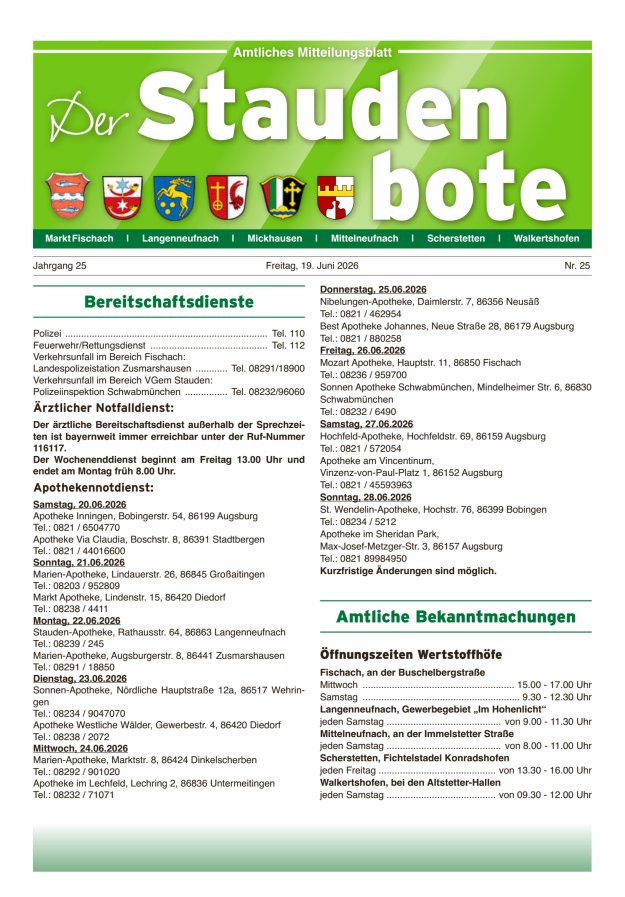 Staudenbote Amtliches Mitteilungsblatt Titelblatt 25/2026