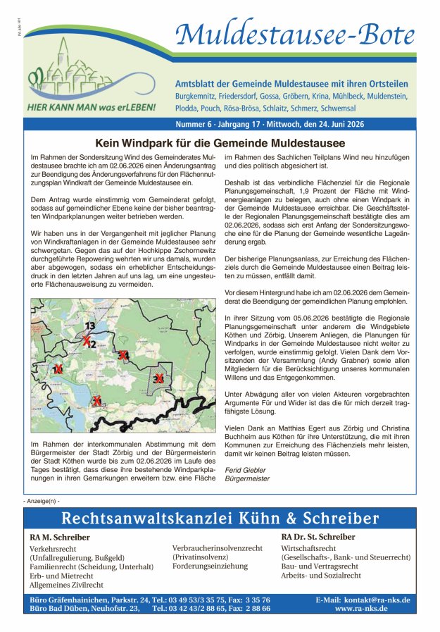 Muldestausee-Bote – Amtsblatt der Gemeinde Muldestausee mit ihren Ortsteilen Titelblatt 06/2026