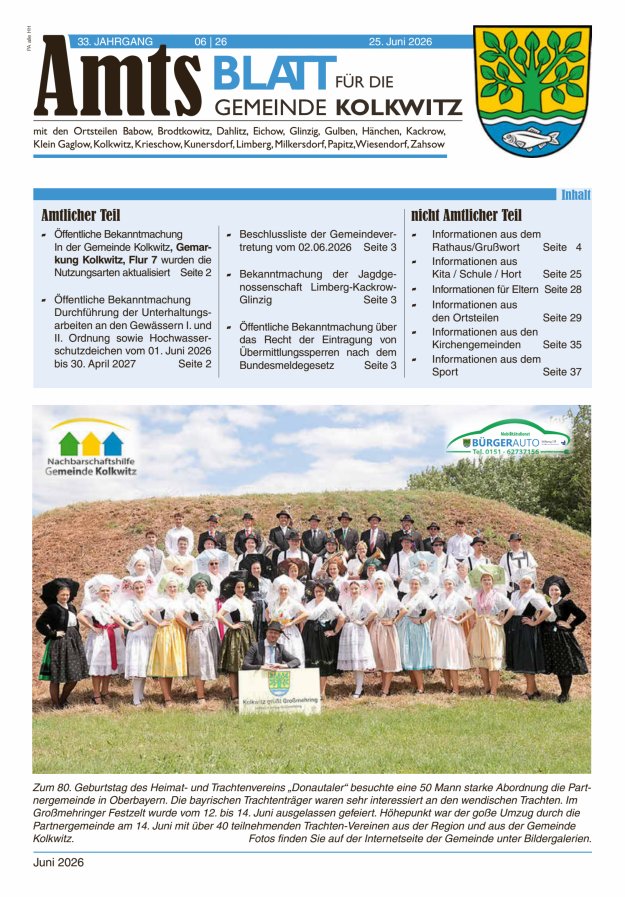 Amtsblatt für die Gemeinde Kolkwitz  Titelblatt 06/2026