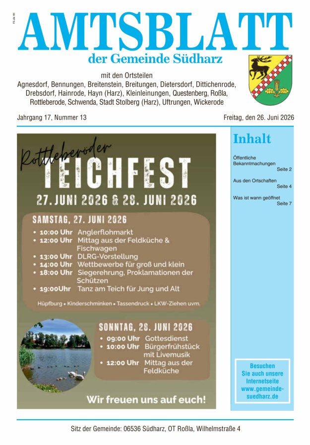 Amtsblatt der Gemeinde Südharz Titelblatt 13/2026