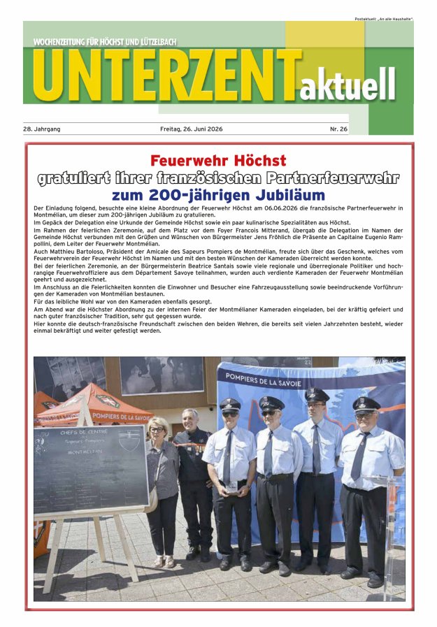 Unterzent aktuell Wochenzeitung für Höchst und Lützelbach Titelblatt 26/2026