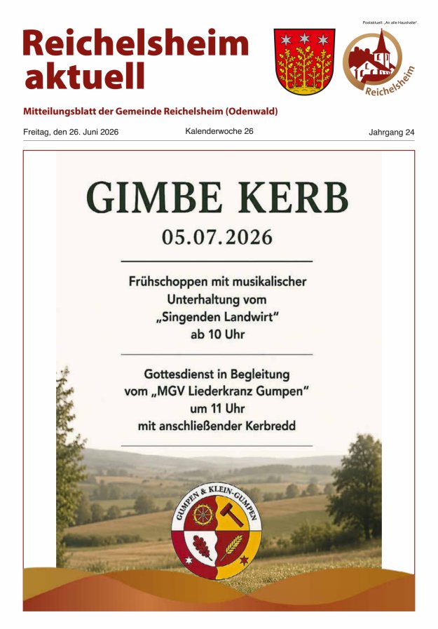 Reichelsheim aktuell - Amtsblatt der Gemeinde Reichelsheim(Odenwald) Titelblatt 26/2026