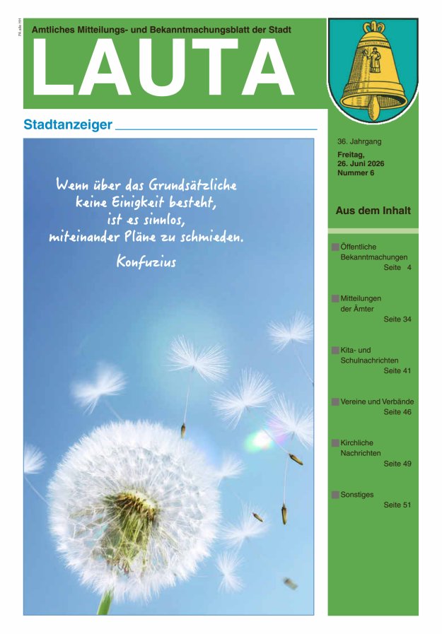 Amtliches Mitteilungs- und Bekanntmachungsblatt der Stadt Lauta - Stadtanzeiger Titelblatt 06/2026