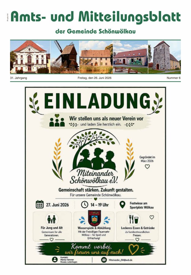 Amts- und Mitteilungsblatt der Gemeinde Schönwölkau Titelblatt 06/2026