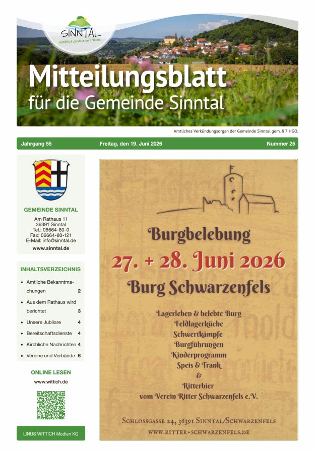 Mitteilungsblatt für die Gemeinde Sinntal Titelblatt 25/2026