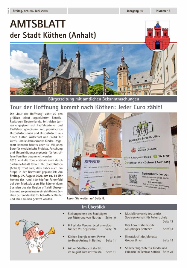Amtsblatt der Stadt Köthen (Anhalt) – Bürgerzeitung mit amtlichen Bekanntmachungen Titelblatt 06/2026