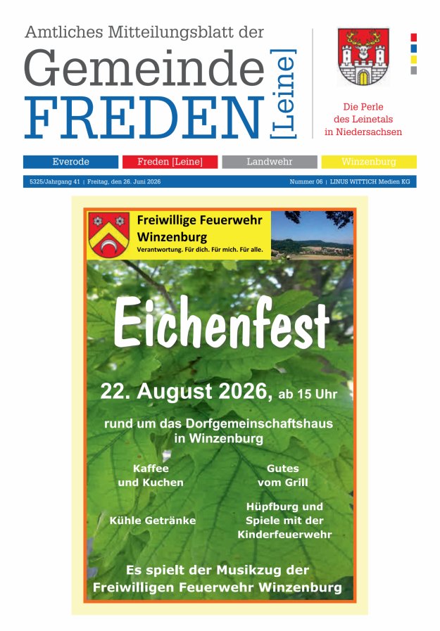 Amtliches Mitteilungsblatt der Samtgemeinde Freden (Leine) Titelblatt 06/2026