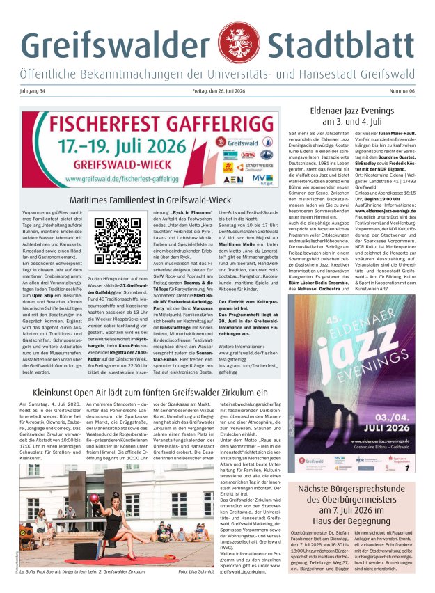 Greifswalder Stadtblatt Titelblatt 06/2026