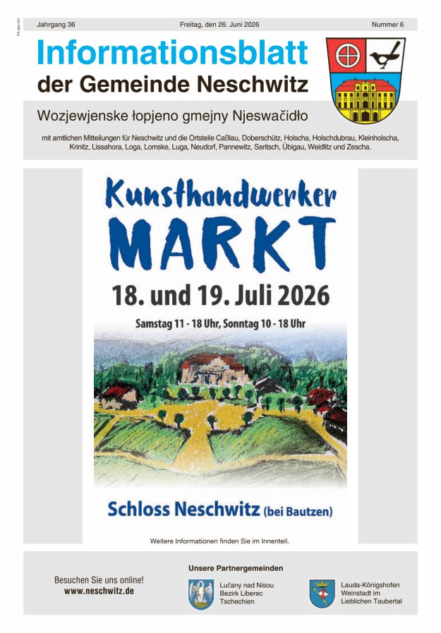 Informationsblatt der Gemeinde Neschwitz mit amtlichen Mitteilungen Titelblatt 06/2026
