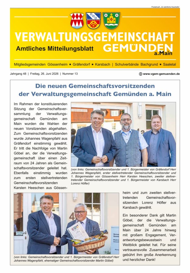 Mitteilungsblatt der VG Gemünden a Main Titelblatt 13/2026