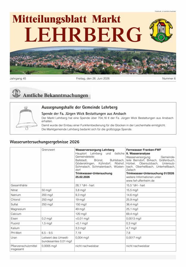Mitteilungsblatt Markt Lehrberg Titelblatt 06/2026