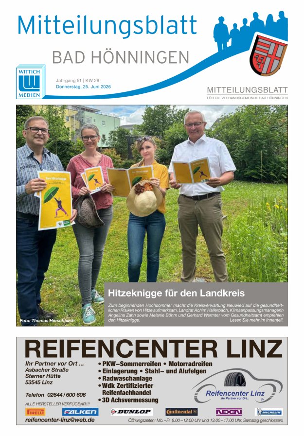 Mitteilungsblatt für den Bereich der Verbandsgemeinde Bad Hönningen Titelblatt 26/2026